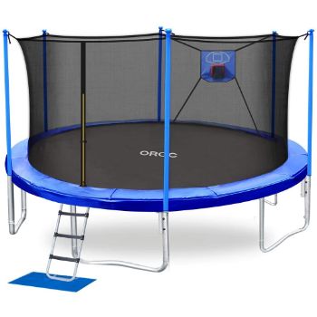 5. ORCC Trampoline 15 14 12 10FT Basketball Trampoline with Safety Enclosure Net, Ladder, Rain Cover, Basketball Hoop and Ball for Backyard, Outdoor Trampoline for Kids Adults