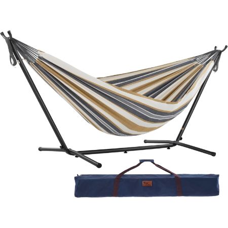 Vivere Double Cotton Hammock with Space-Saving Steel Stand – Desert Moon Variant