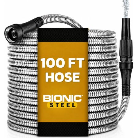 BIONIC STEEL 100 foot stainless steel metal garden hose with sprayer nozzle