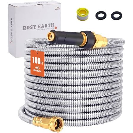 Rosy Earth 100 foot stainless steel garden hose with brass nozzle