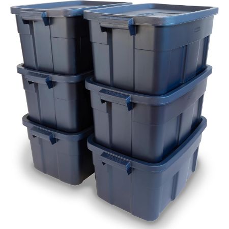 Rubbermaid Roughneck 14 gallon dark indigo metallic storage totes with lids