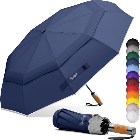Royal Walk compact vented travel umbrella with wooden handle
