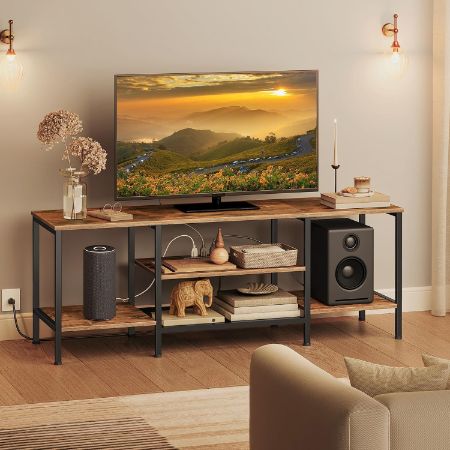 HOOBRO industrial TV stand with power outlets for a living room