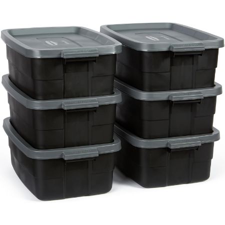 Rubbermaid Roughneck 10 gallon black and gray storage totes with lids