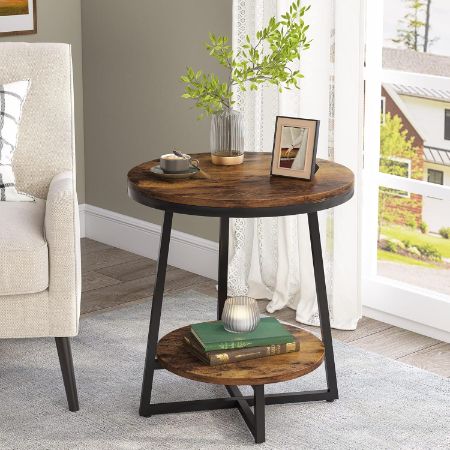 Tribesigns round industrial side table with lower shelf and black metal base