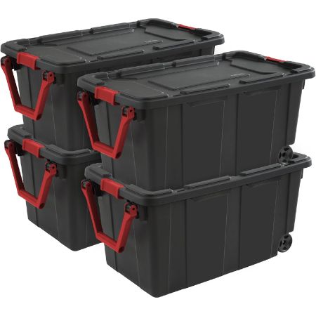 Sterilite Heavy Duty 40 Gallon Wheeled Industrial Storage Tote, 4-Pack