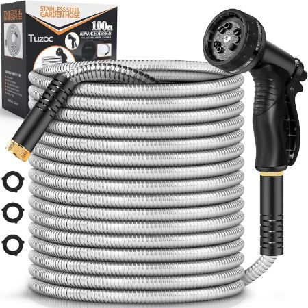 Tuzoc 100 foot stainless steel metal garden hose with 10 function nozzle