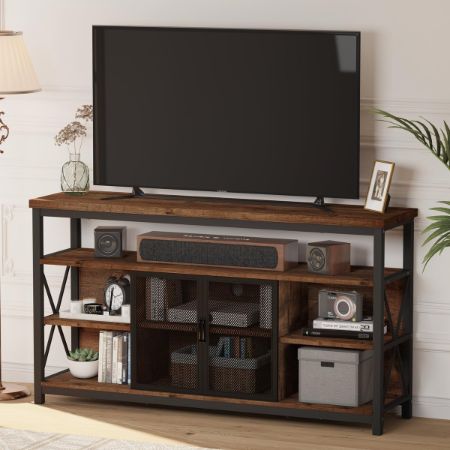 BON AUGURE tall industrial TV stand with mesh cabinet and shelves
