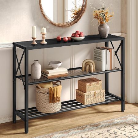 Hoctieon three-tier black industrial console table with open wood shelves