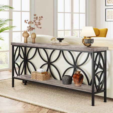 Tribesigns 70.9-inch narrow industrial console table in vintage grey with decorative metal frame