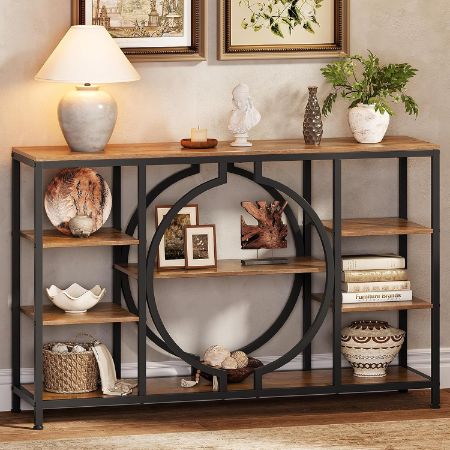 GiftGo 47-inch industrial console table with rustic brown shelves and circular metal accents