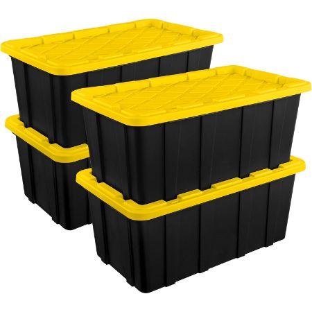Sterilite 38 gallon industrial storage tote with black base and yellow lid