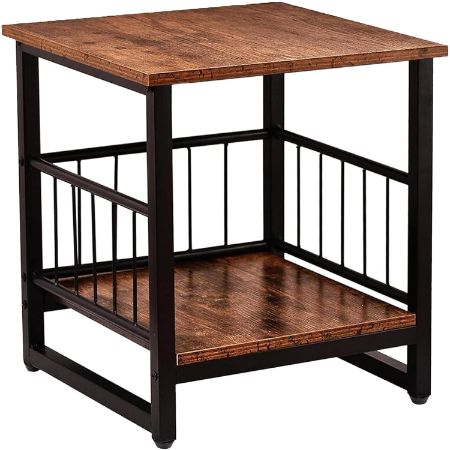 DHMAKER square industrial side table with lower shelf and metal frame