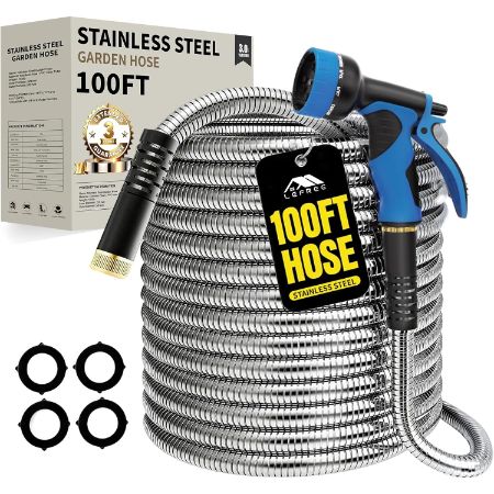 Lefree 100 foot stainless steel metal garden hose with nozzle and spare gaskets