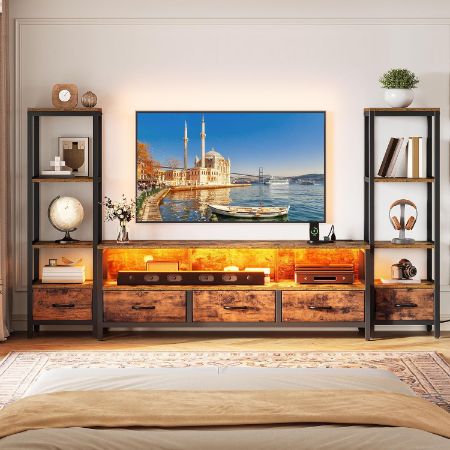 YITAHOME industrial TV stand with side bookshelves LED lights and outlets