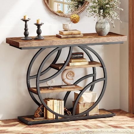 Huuger 41.3-inch modern console table with rustic brown top and curved black metal frame