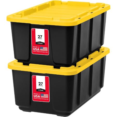 IRIS USA 27 gallon heavy duty storage bins with black base and yellow lids
