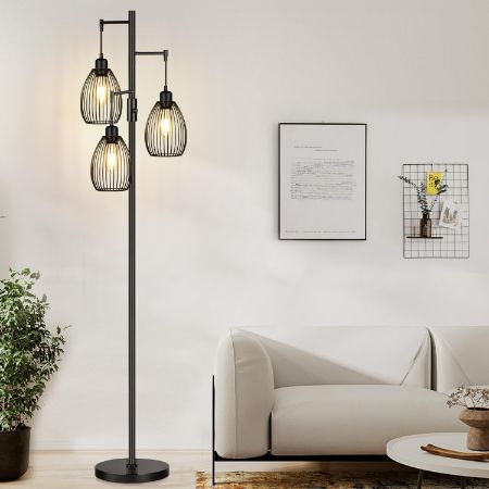 Nintiue dimmable industrial floor lamp with three cage lights