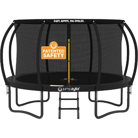 Jumpzylla outdoor trampoline with curved poles and enclosure