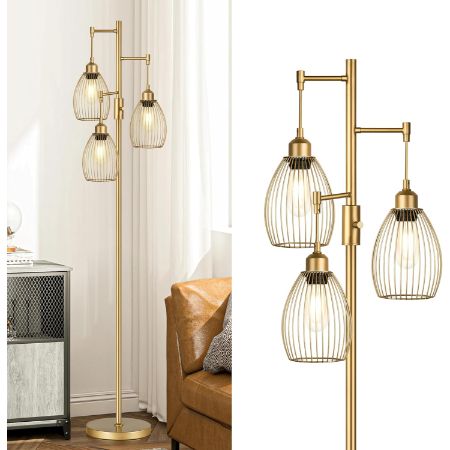 Torondo dimmable industrial floor lamp with three gold cage lights
