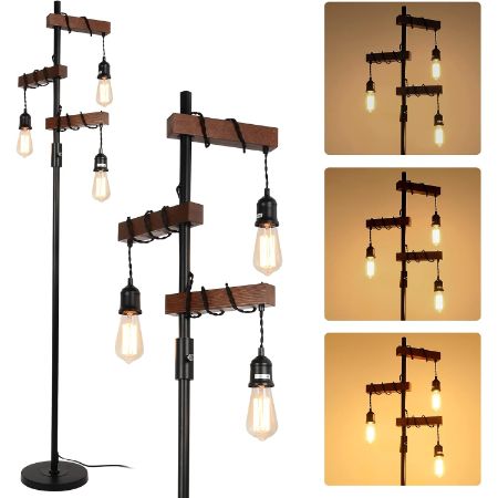Airposta dimmable industrial floor lamp with wood and black metal frame