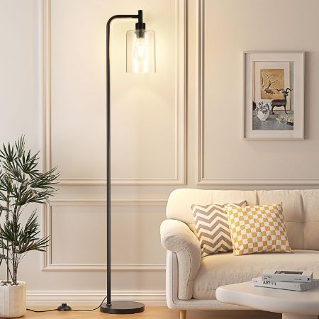 Ziisee industrial floor lamp with black metal frame and clear glass shade