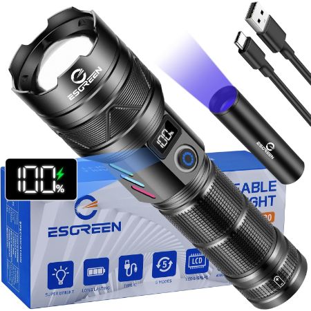 Esgreen Rechargeable Flashlight with Mini 365nm UV Light