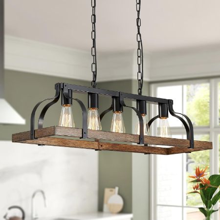 WUZUPS 5-Light Imitation Wood Grain Linear Chandelier