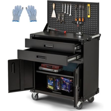JFHID mobile garage work bench with drawers, lockable cabinet, pegboard and wheels