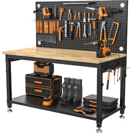 CAMMOO 48x24 inch garage work bench with storage shelf, pegboard, light and power strip