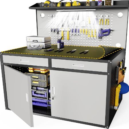 Eltean 48-inch heavy duty workbench with drawers, locking cabinet, pegboard and LED light