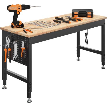 CAMMOO 60-inch adjustable workbench with rubberwood top, side pegboards and power strip