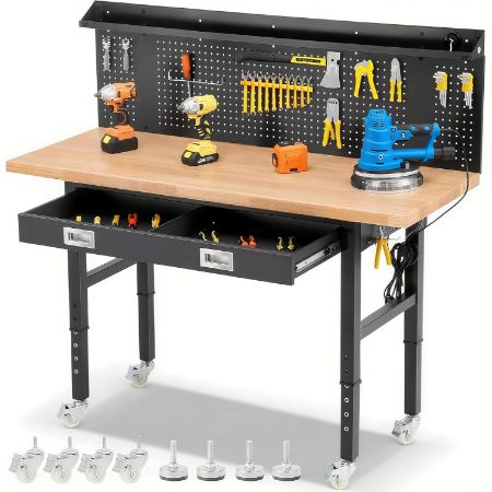 ENJOYWOOD 60-inch heavy duty workbench with rubberwood top, drawers, pegboards, wheels, outlets and LED light