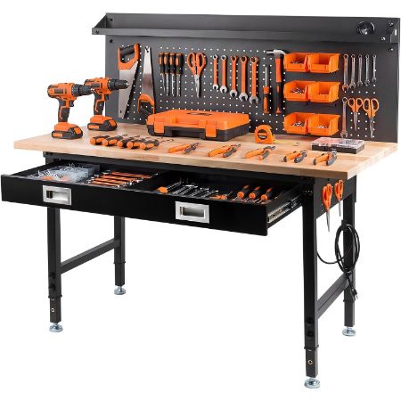 FIXCHIGO 60-inch adjustable work bench with rubberwood top, drawer, pegboard, LED light and power outlet