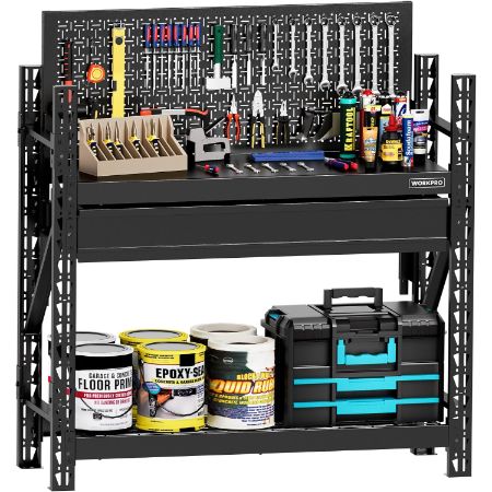 WORKPRO 50-inch heavy duty workbench with pegboard, drawer and high-capacity lower storage shelf