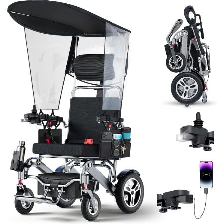 ELEMOVE Foldable Electric Wheelchair with Detachable Canopy