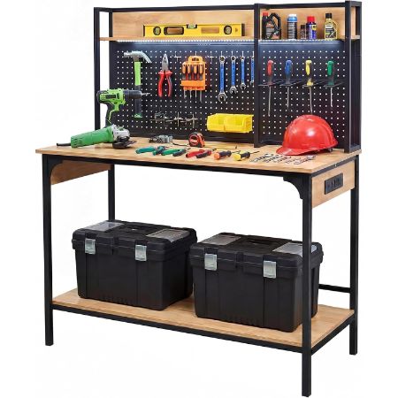 NORTHSKY 48-inch garage workbench with lower storage shelf, pegboard, LED light and power station