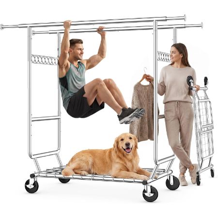 HOKEEPER Heavy Duty Double-Rod Clothes Rack with Wheels