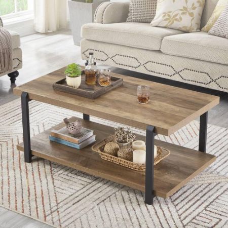 FOLUBAN Industrial Coffee Table with Storage Shelf, 42-Inch Oak