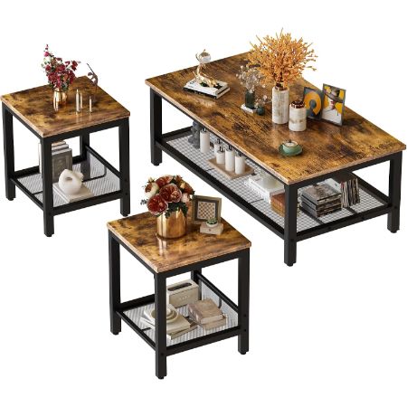 AWQM 3-Piece Industrial Coffee Table Set with 2 End Tables