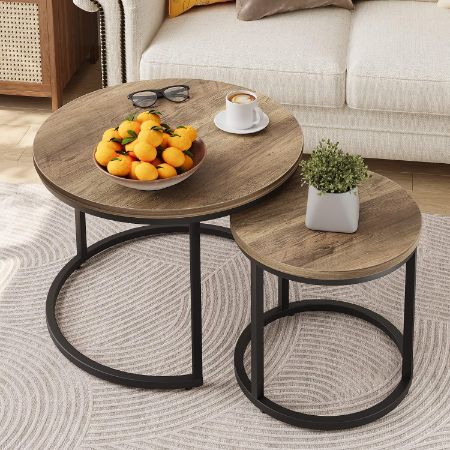 Smuxee Set of 2 Round Nesting Industrial Coffee Tables, Oak