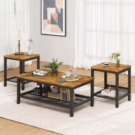 Lamerge 3-Piece Industrial Coffee Table Set with 2 End Tables