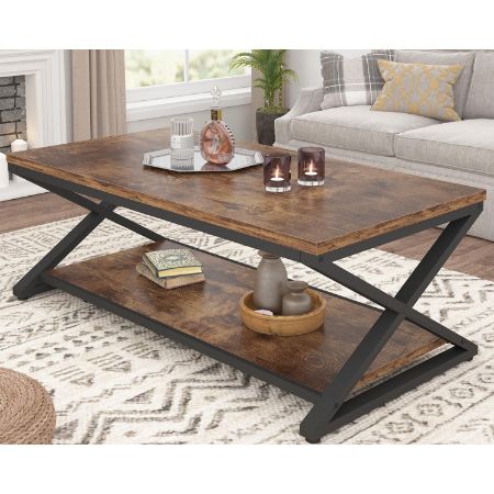 HSH 47-Inch Rectangular Industrial Coffee Table with Storage Shelf