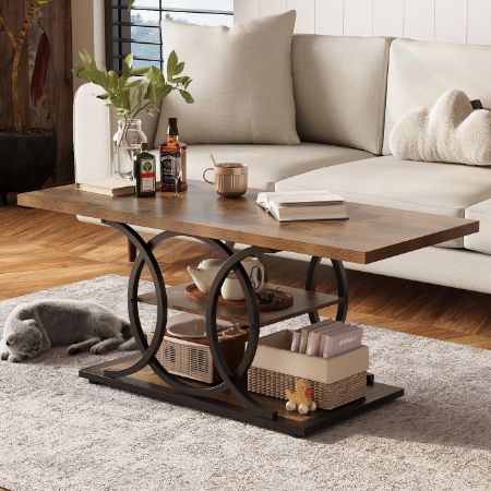 GiftGo Rustic Industrial 3-Tier Coffee Table with Circular Iron Frame