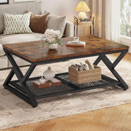 EnHomee Industrial Coffee Table with Mesh Storage Shelf, 39.4-Inch
